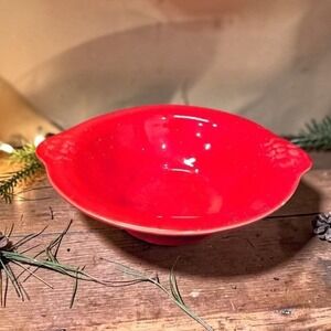 Cal Style Red Drip Glaze Bowl, Vintage USA Pottery, Dual Handle Holly Design